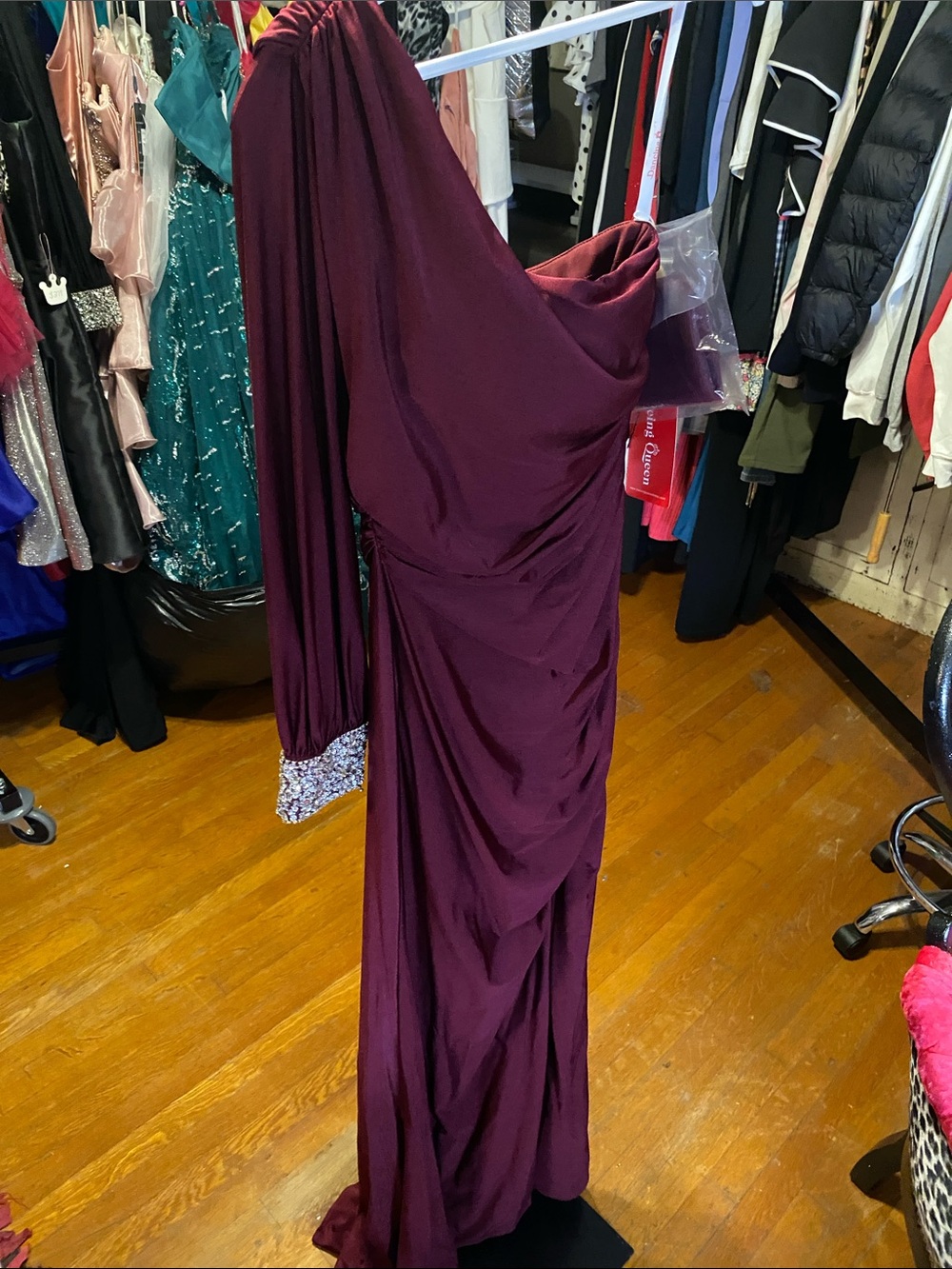 Dancing Queen One-Shoulder Wine Draped Evening Gown